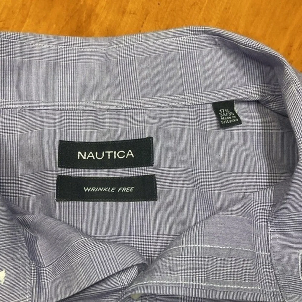 Nautica Mens Dress Shirt 17.5 34/35 Purple Micro Check Plaid Wrinkle Free XL‎